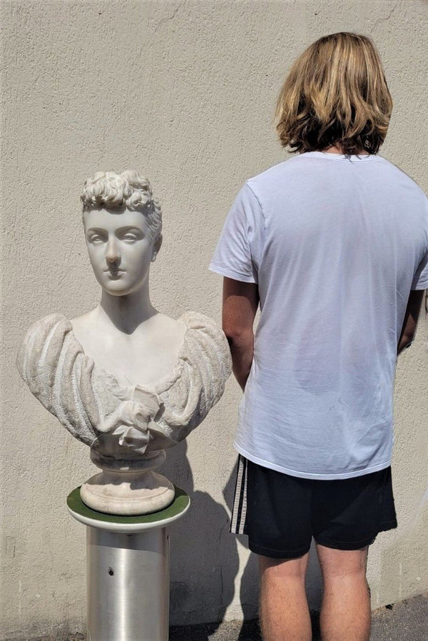 *Offre spéciale  *Busto di dama, marmo bianco firmato Waldo Story, Roma 1894