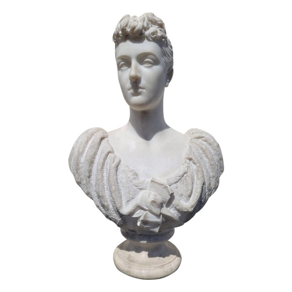 *Offre spéciale  *Busto di dama, marmo bianco firmato Waldo Story, Roma 1894