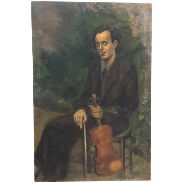 Importante Ritratto Di Giovane Violinista - Olio Su Tela 1937 H 119cm