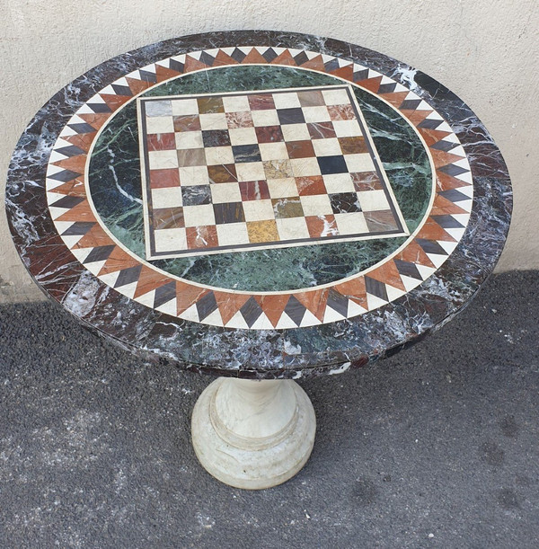 Guéridon En Marbre Avec Plateau En Marqueterie, XIXème Siècle
