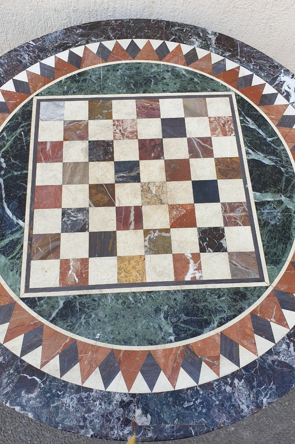 Guéridon En Marbre Avec Plateau En Marqueterie, XIXème Siècle