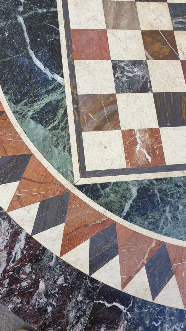 Guéridon En Marbre Avec Plateau En Marqueterie, XIXème Siècle