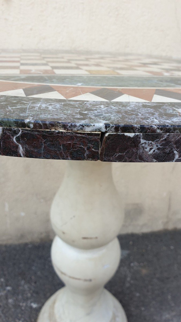 Guéridon En Marbre Avec Plateau En Marqueterie, XIXème Siècle