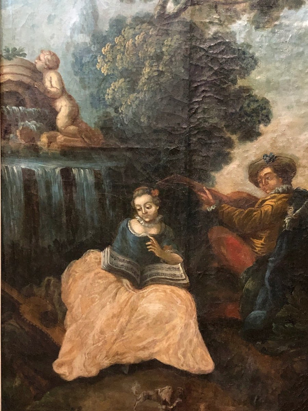 Gallant Scene - Large 18th Century Woodwork Painting