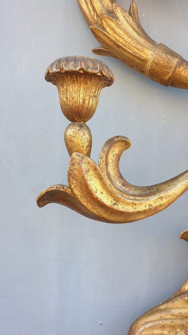 Lampada da parete grande in legno intagliato e dorato, Toscana XIX secolo