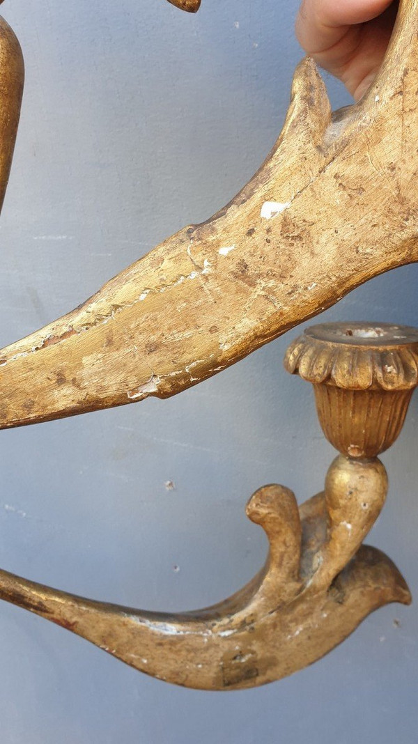 Lampada da parete grande in legno intagliato e dorato, Toscana XIX secolo