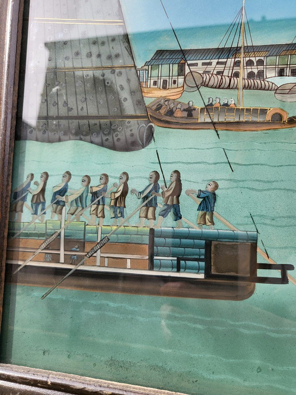 Fixé Sous Verre Vue d'Un Port En Asie, XXème Siècle