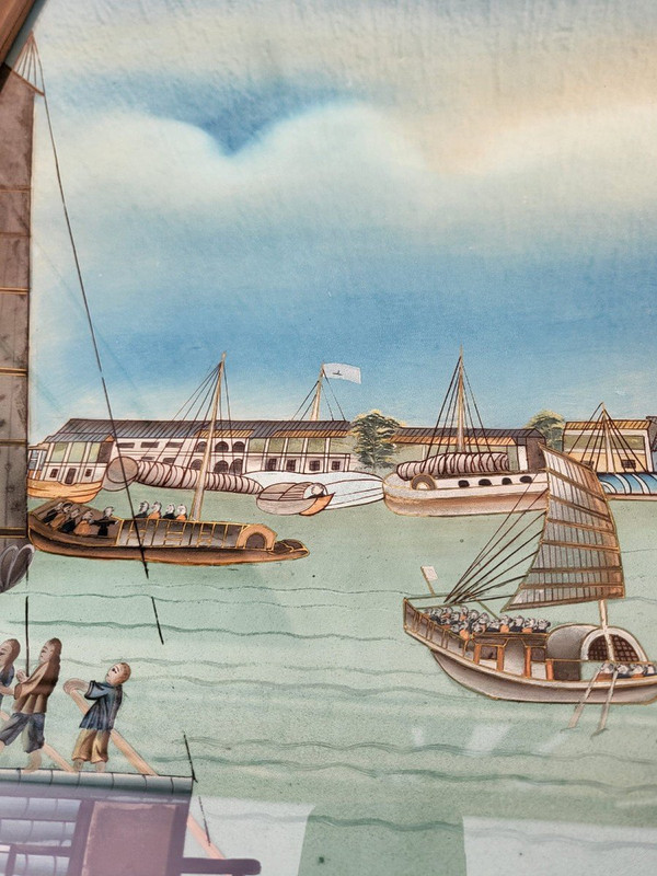 Fixé Sous Verre Vue d'Un Port En Asie, XXème Siècle