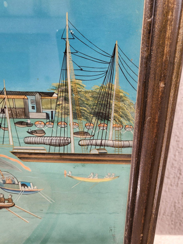 Fixé Sous Verre Vue d'Un Port En Asie, XXème Siècle