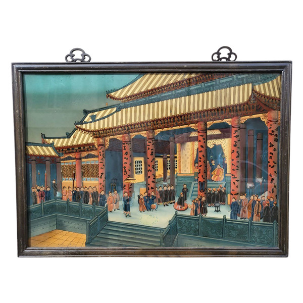 Fixed Under Glass, Palace Scene In Asia, 20th Century