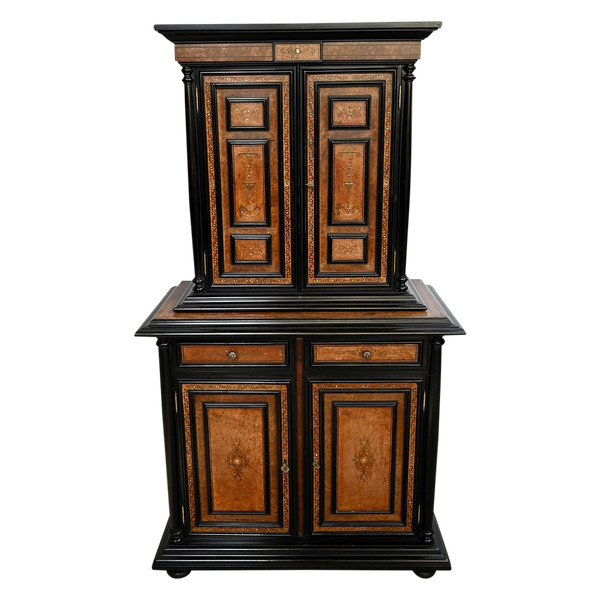 Small Two-Body Sideboard in Blackened Wood and Burl Cedar, stamped Gordóvil, Renaissance style, Spain