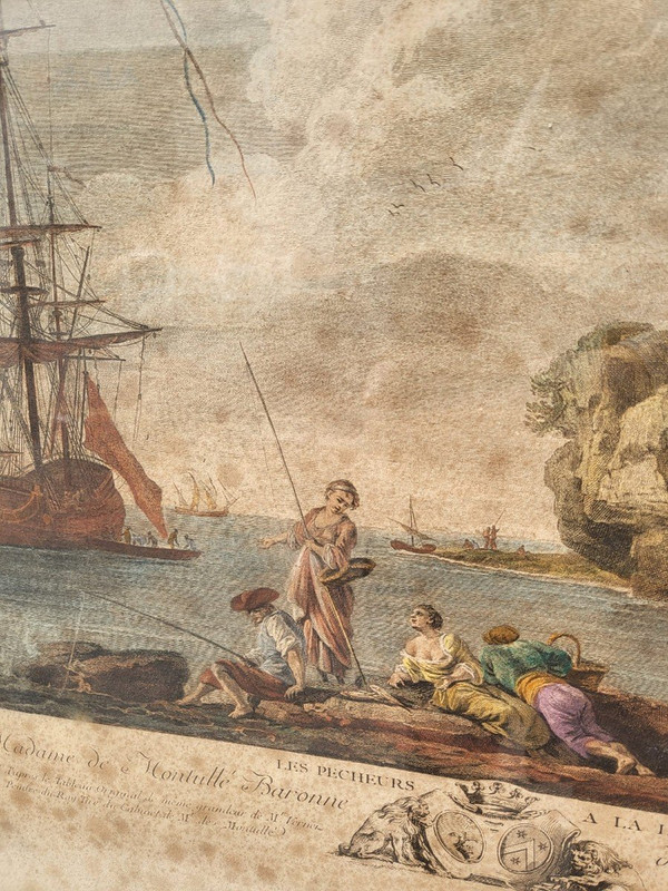 Suite Of 4 Framed Engravings, Fishing, 19th Century