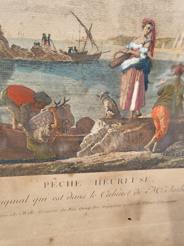 Suite Of 4 Framed Engravings, Fishing, 19th Century