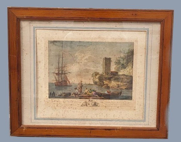 Suite Of 4 Framed Engravings, Fishing, 19th Century