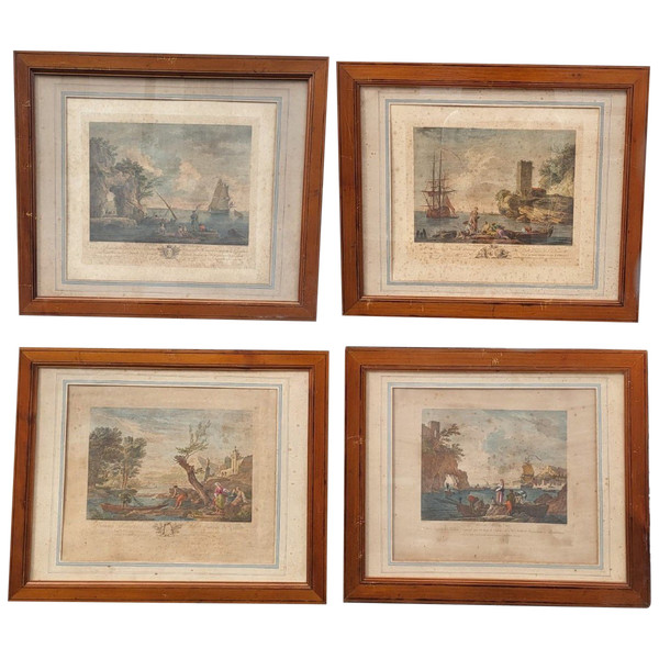 Suite Of 4 Framed Engravings, Fishing, 19th Century