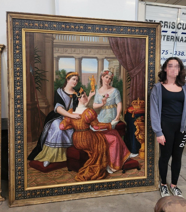 *Offre spéciale *Reines au Palais,  Grande Huile Sur Toile, XIXème Siècle