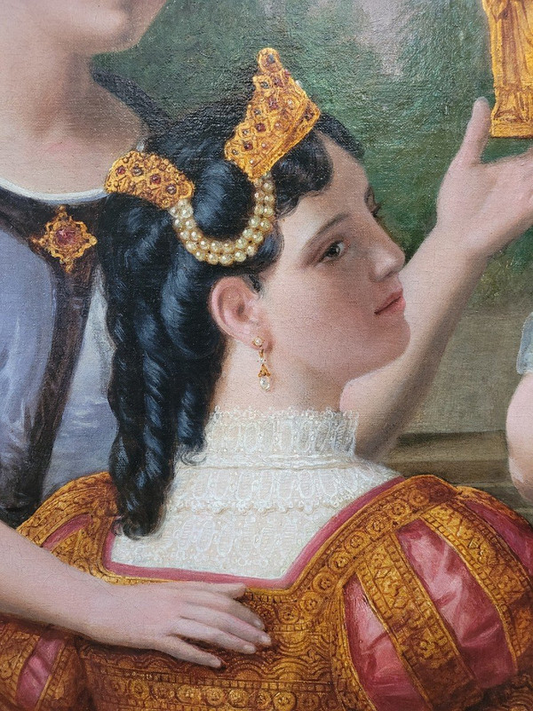 *Offre spéciale *Reines au Palais,  Grande Huile Sur Toile, XIXème Siècle