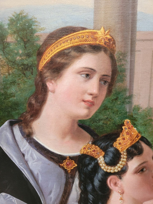 *Offre spéciale *Reines au Palais,  Grande Huile Sur Toile, XIXème Siècle