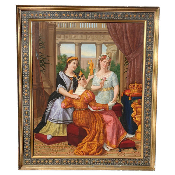 *Offre spéciale *Reines au Palais,  Grande Huile Sur Toile, XIXème Siècle