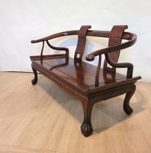 Panchina cinese in legno intagliato, fine XIX inizio XX secolo