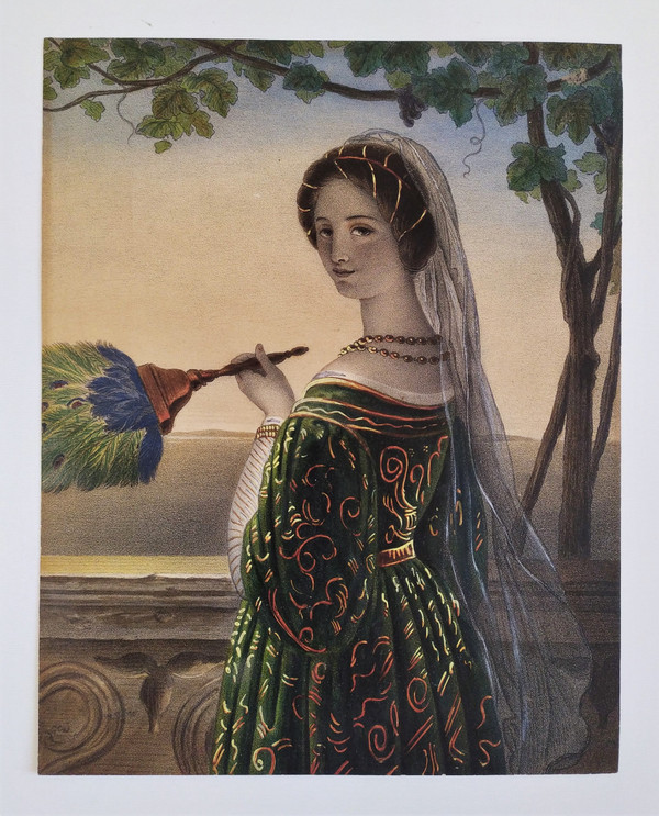 Lithographie Aquarellée Femme Italienne à l'éventail