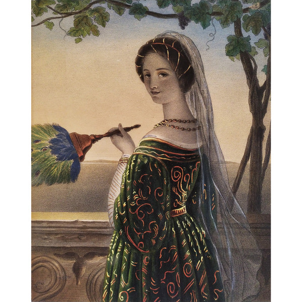 Watercolored Lithograph Italian Woman With A Fan