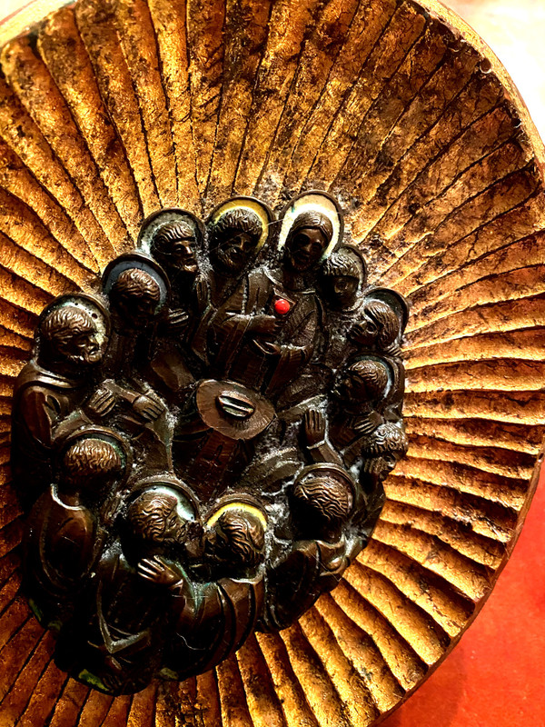 Decorative element featuring the image of Christ and his Apostles in patinated bronze with touches of colored enamel.