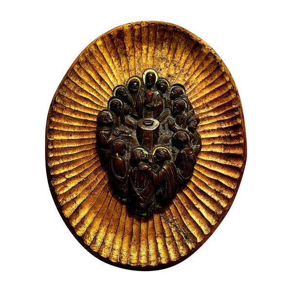 Decorative element featuring the image of Christ and his Apostles in patinated bronze with touches of colored enamel.