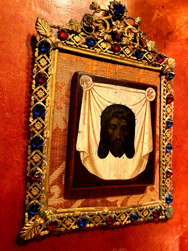 The face of Christ with the crown of thorns , very well framed 19th century icon painting