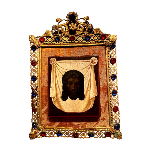 The face of Christ with the crown of thorns , very well framed 19th century icon painting