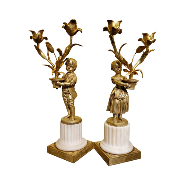 Pair of "Enfants Jardiniers" gilded bronze and marble Candelabras Late Louis XVI period