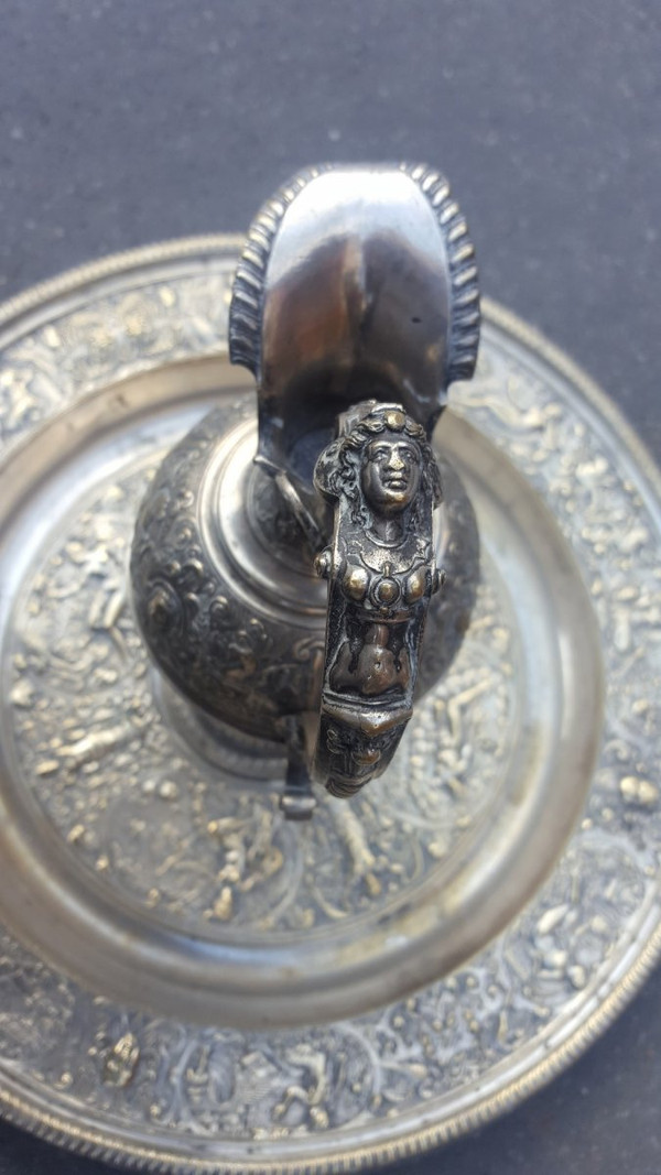 "Temperance" Ewer And Its Basin In Silver Bronze, After François Briot, 19th Century