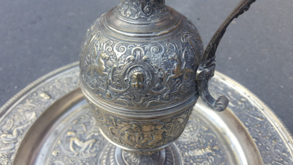 "Temperance" Ewer And Its Basin In Silver Bronze, After François Briot, 19th Century