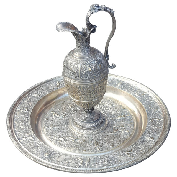 "Temperance" Ewer And Its Basin In Silver Bronze, After François Briot, 19th Century