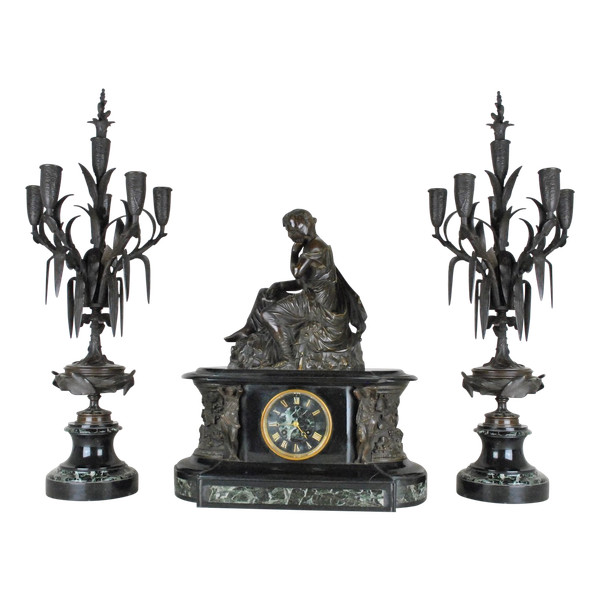 *Offre spéciale *James Pradier, Garniture De Nemausa, Bronze And Marble, 19th Century