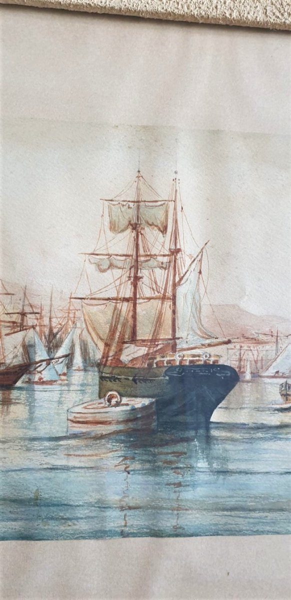M Achard, Porto di Marsiglia - Fort Saint Jean, Acquerello firmato XIX secolo