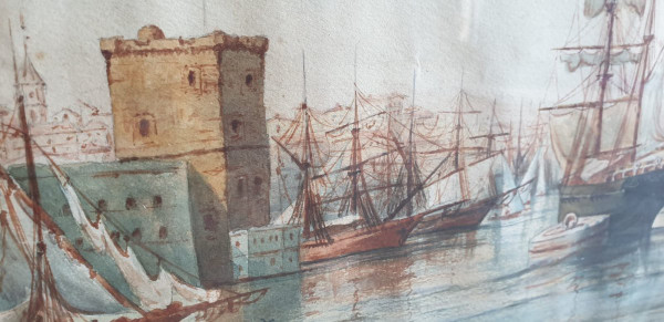 M Achard, Porto di Marsiglia - Fort Saint Jean, Acquerello firmato XIX secolo