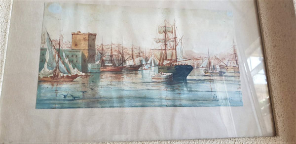 M Achard, Porto di Marsiglia - Fort Saint Jean, Acquerello firmato XIX secolo