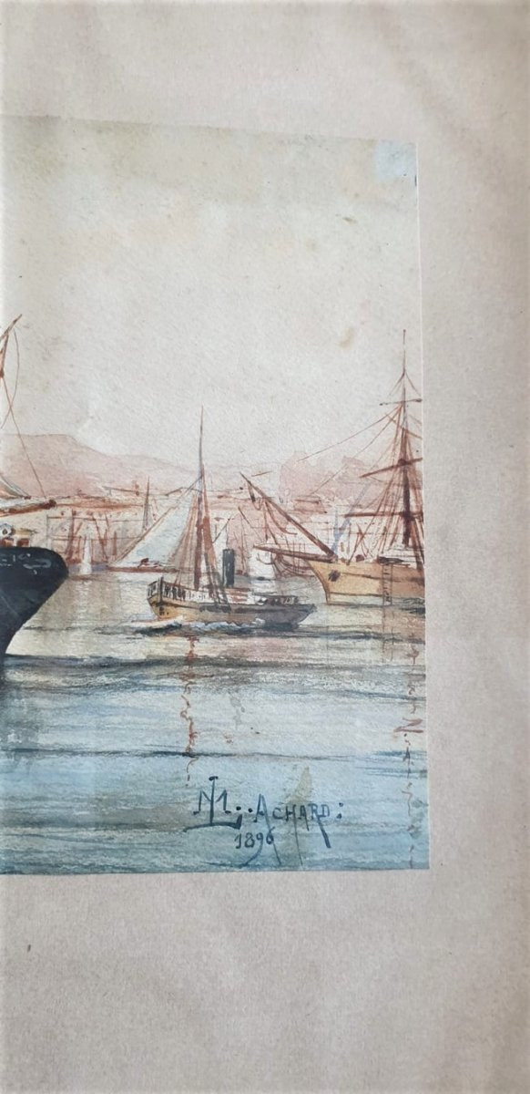 M Achard, Porto di Marsiglia - Fort Saint Jean, Acquerello firmato XIX secolo