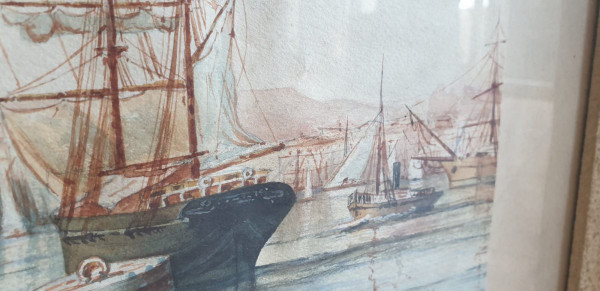 M Achard, Porto di Marsiglia - Fort Saint Jean, Acquerello firmato XIX secolo