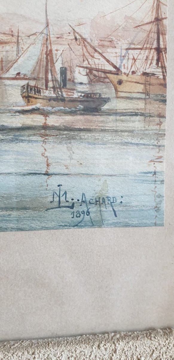 M Achard, Porto di Marsiglia - Fort Saint Jean, Acquerello firmato XIX secolo