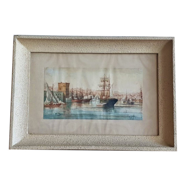 M Achard, Hafen von Marseille – Fort Saint Jean, Aquarell signiert aus dem 19. Jahrhundert