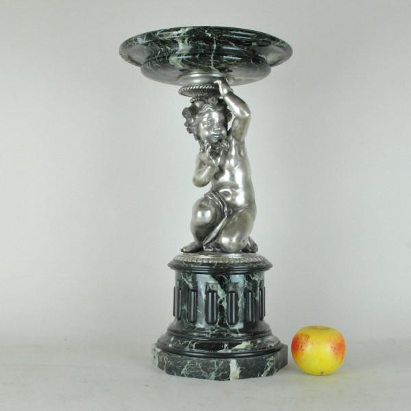 Coppa In Marmo E Putto In Bronzo Argentato, XIX Secolo
