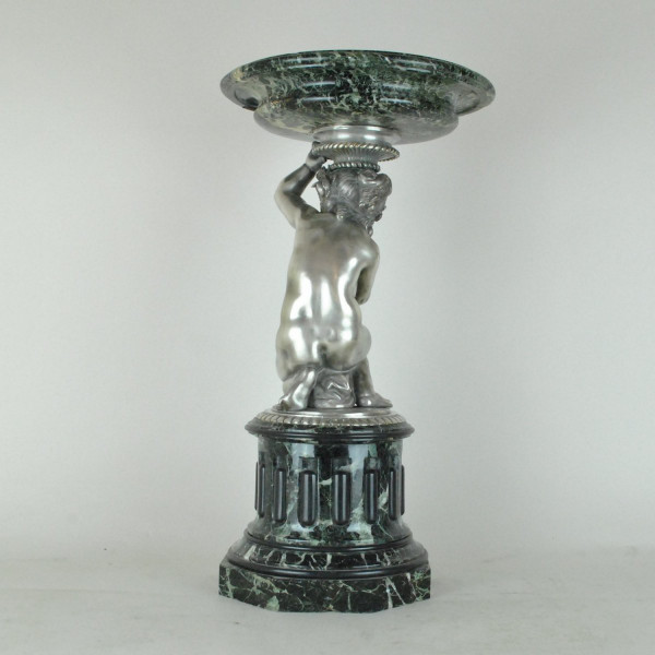 Coppa In Marmo E Putto In Bronzo Argentato, XIX Secolo