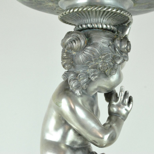 Coppa In Marmo E Putto In Bronzo Argentato, XIX Secolo