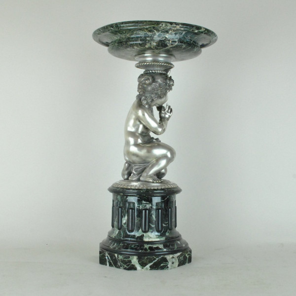 Coppa In Marmo E Putto In Bronzo Argentato, XIX Secolo