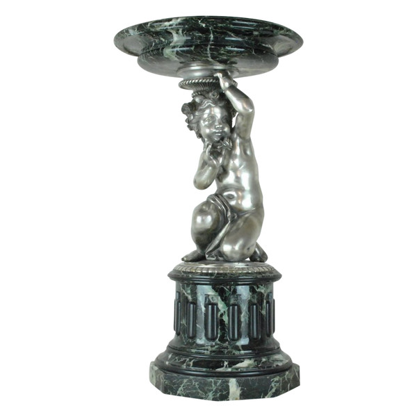 Marble Cup And Putto In Silvered Bronze, 19th Century