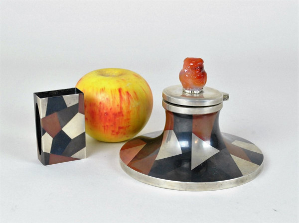 Inkwell And Matchbox In Enameled Silver Metal, Yamanaka, Art Deco 20th Century