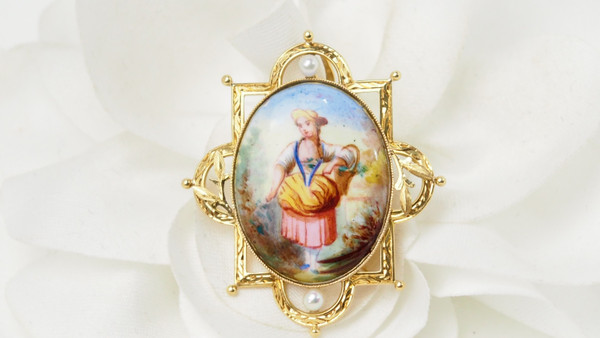 Brosche Anhänger Gelbgold, Perlen Und Porzellan