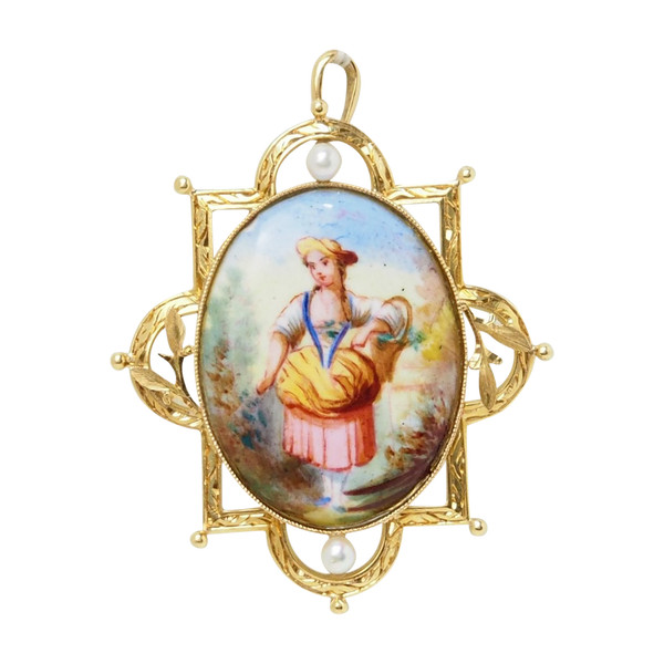 Brosche Anhänger Gelbgold, Perlen Und Porzellan